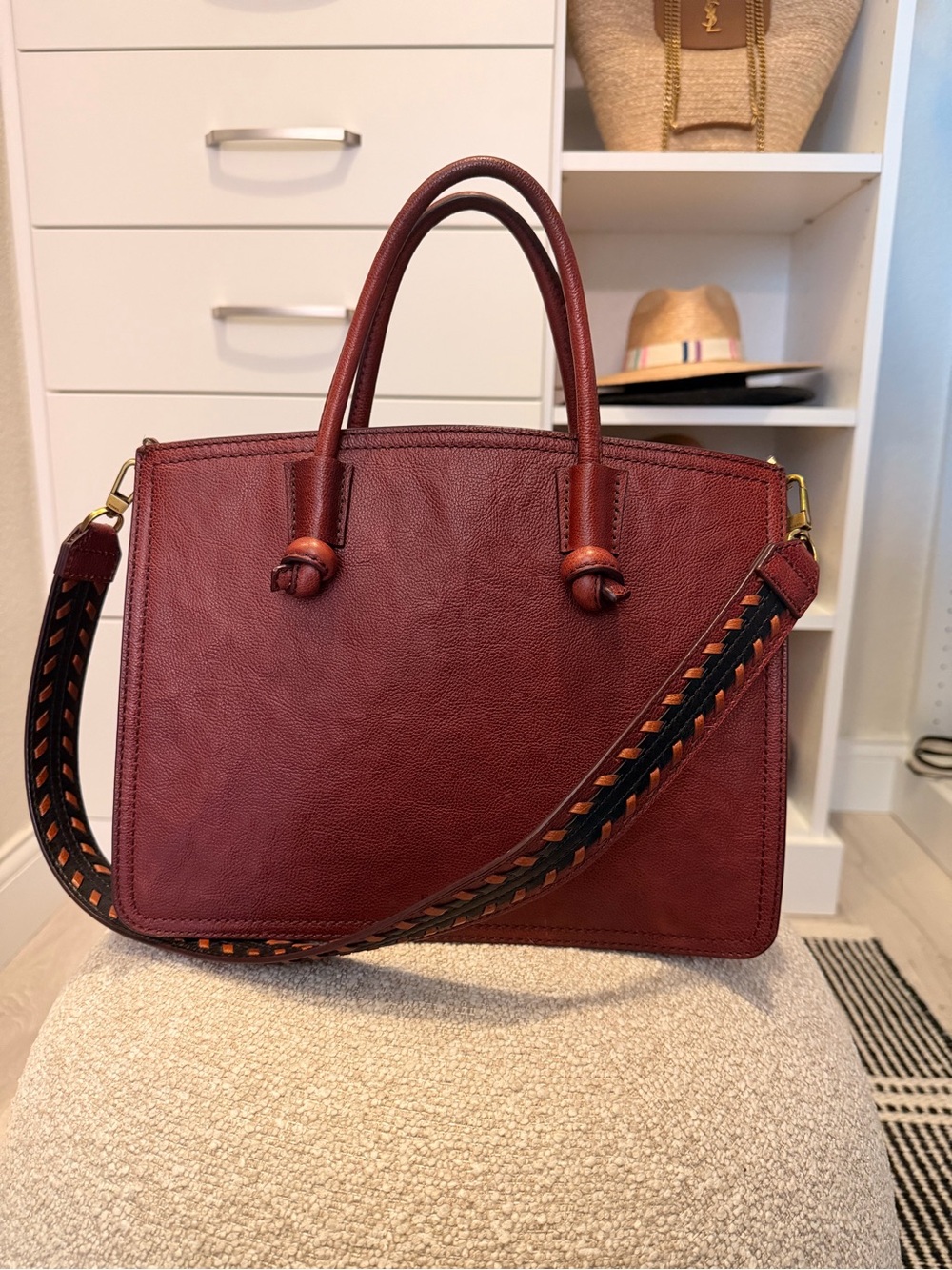 Fossil Burgundy Leather Satchel with Braided Accent Strap